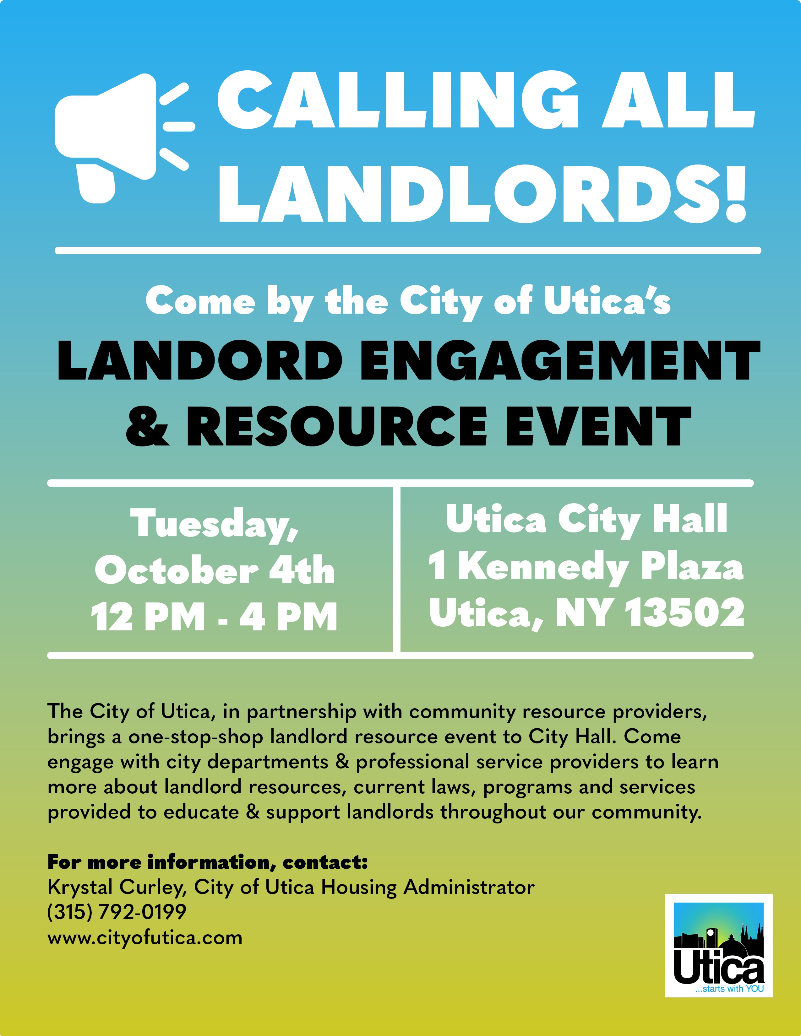 Tuesday, October 4th, 12-4PM at Utica City Hall